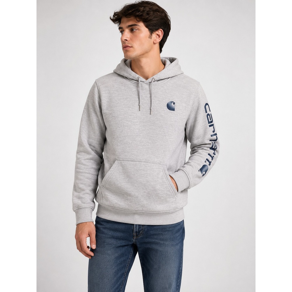 Carhartt Unisex Midweight Logo Sleeve Hoodie Gray Pullover Sweatshirt Pocket XS
